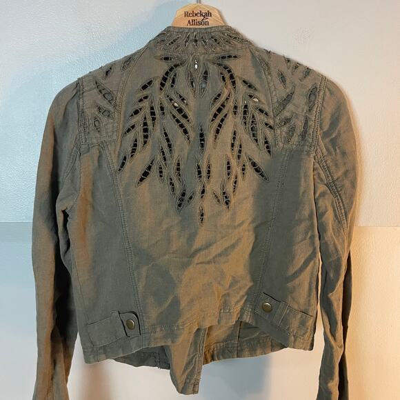 Free People Moto Jacket Cutwork Asymmetrical Zip Green Cropped Jacket SZ 4 EUC - Picture 4 of 12